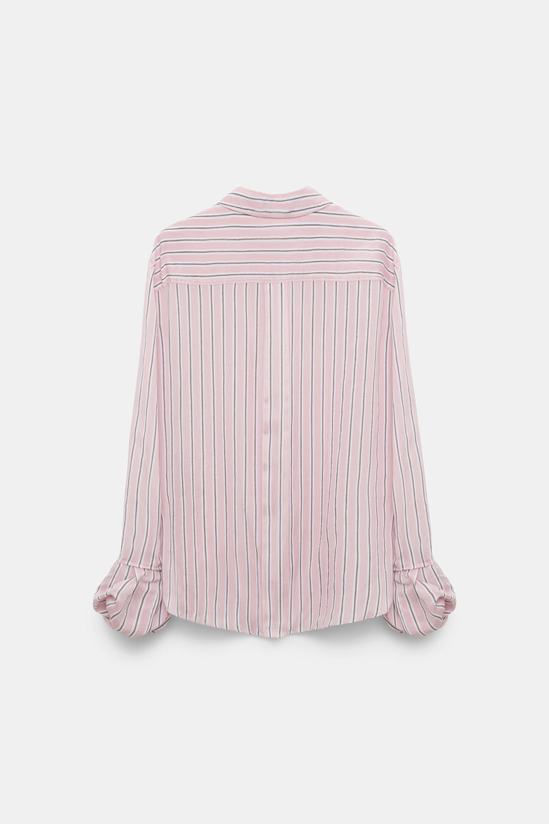 Dorothee Schumacher Silk Voile Striped Button-Up Blouse with Puff Cuffs in Pink
