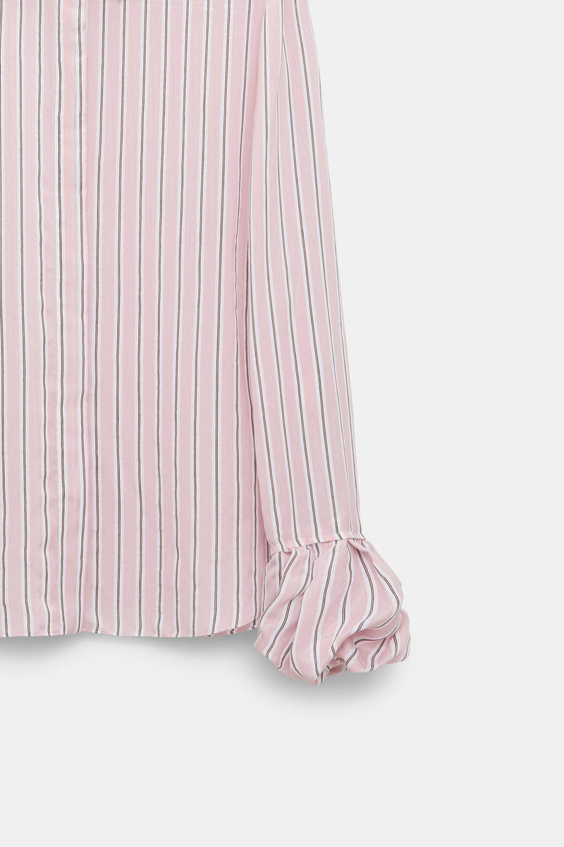 Dorothee Schumacher Silk Voile Striped Button-Up Blouse with Puff Cuffs in Pink