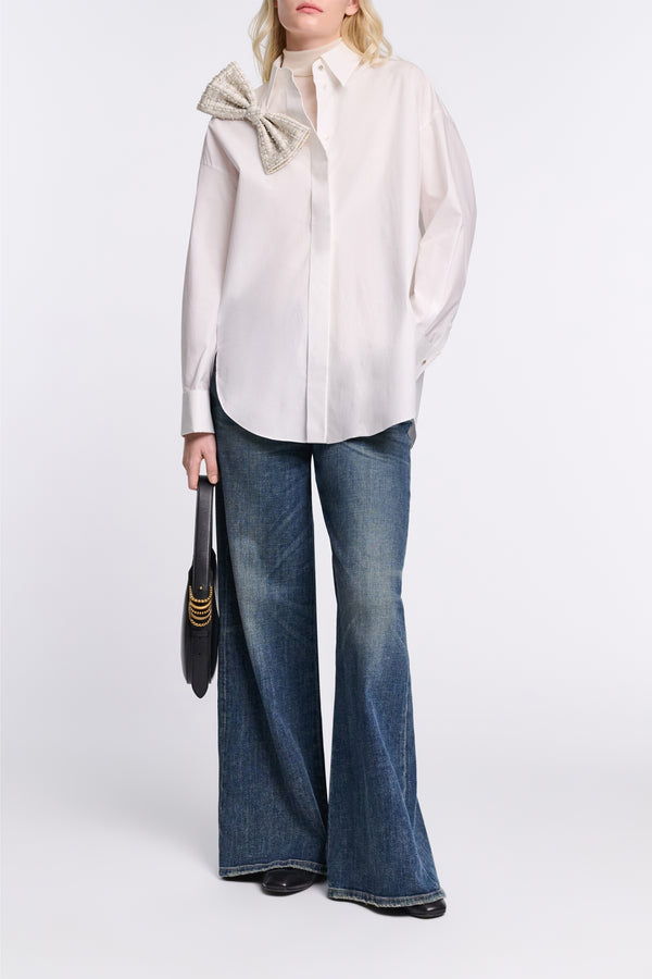 Dorothee Schumacher Crisp Cotton Poplin White Button-Up Blouse with Bow Brooch in White