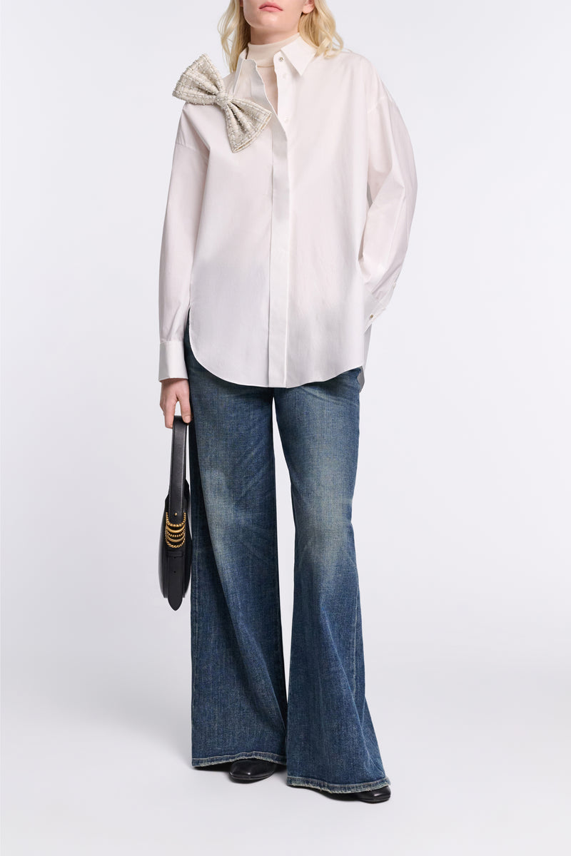 Dorothee Schumacher Crisp Cotton Poplin White Button-Up Blouse with Bow Brooch in White