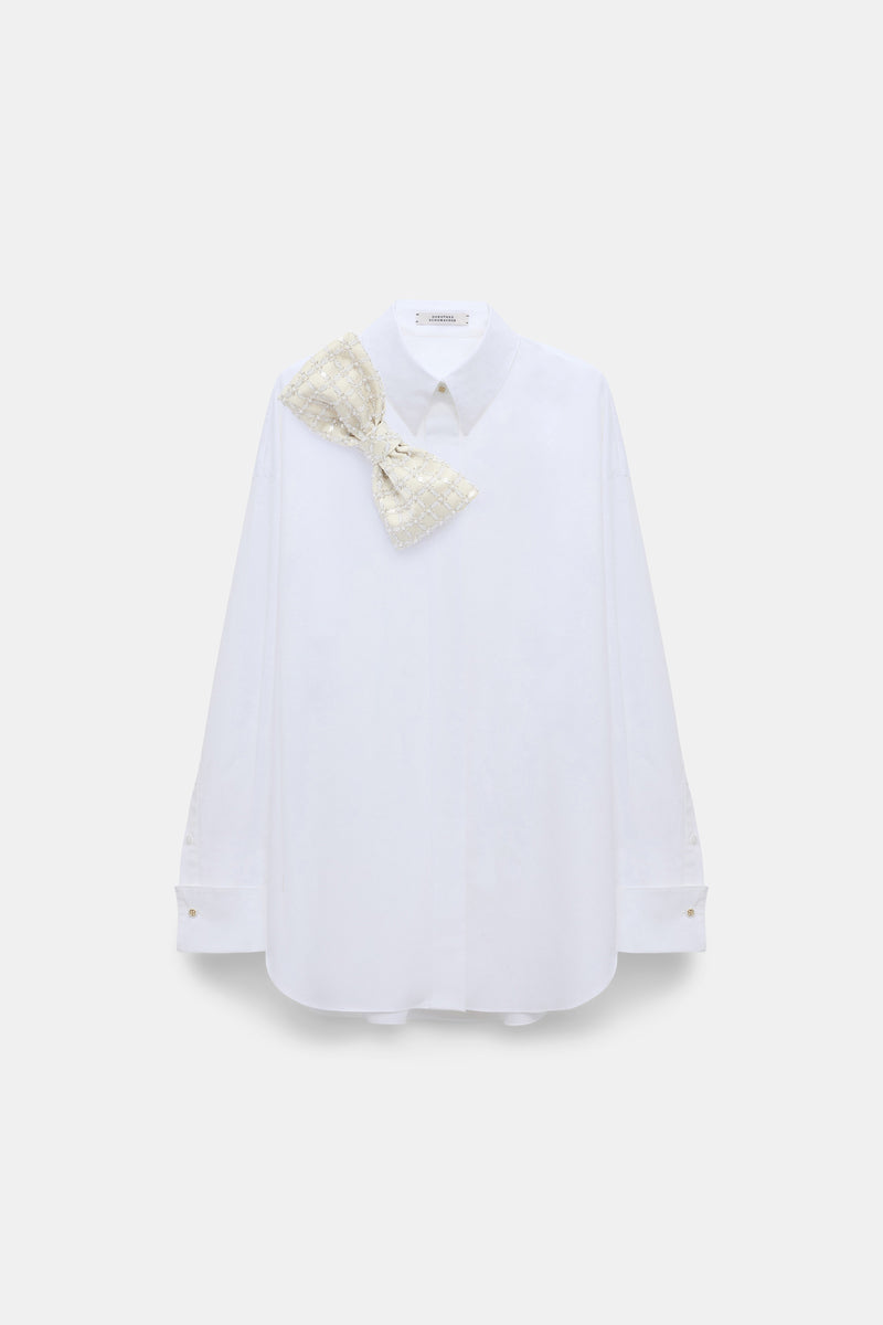 Dorothee Schumacher Crisp Cotton Poplin White Button-Up Blouse with Bow Brooch in White