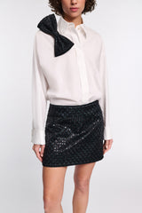 Dorothee Schumacher Crisp Cotton Poplin White Button-Up Blouse with Bow Brooch in Black