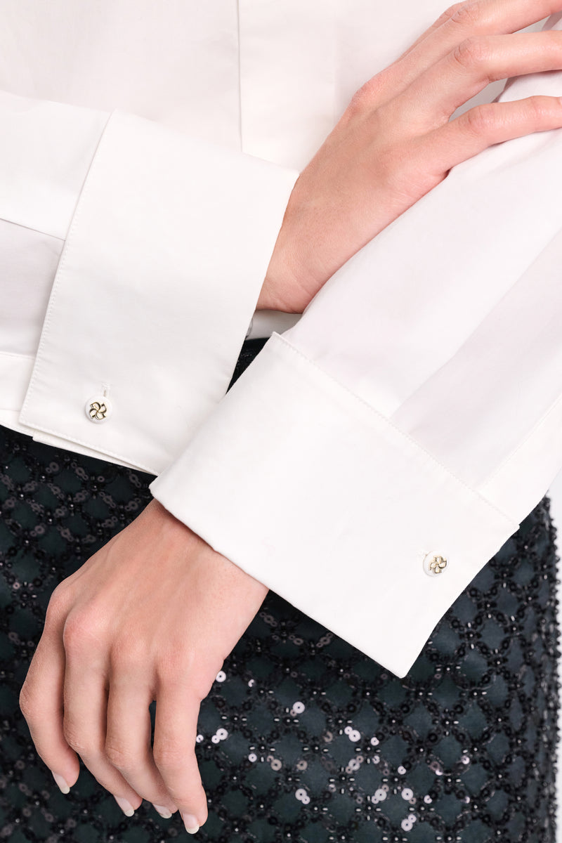 Dorothee Schumacher Crisp Cotton Poplin White Button-Up Blouse with Bow Brooch in Black