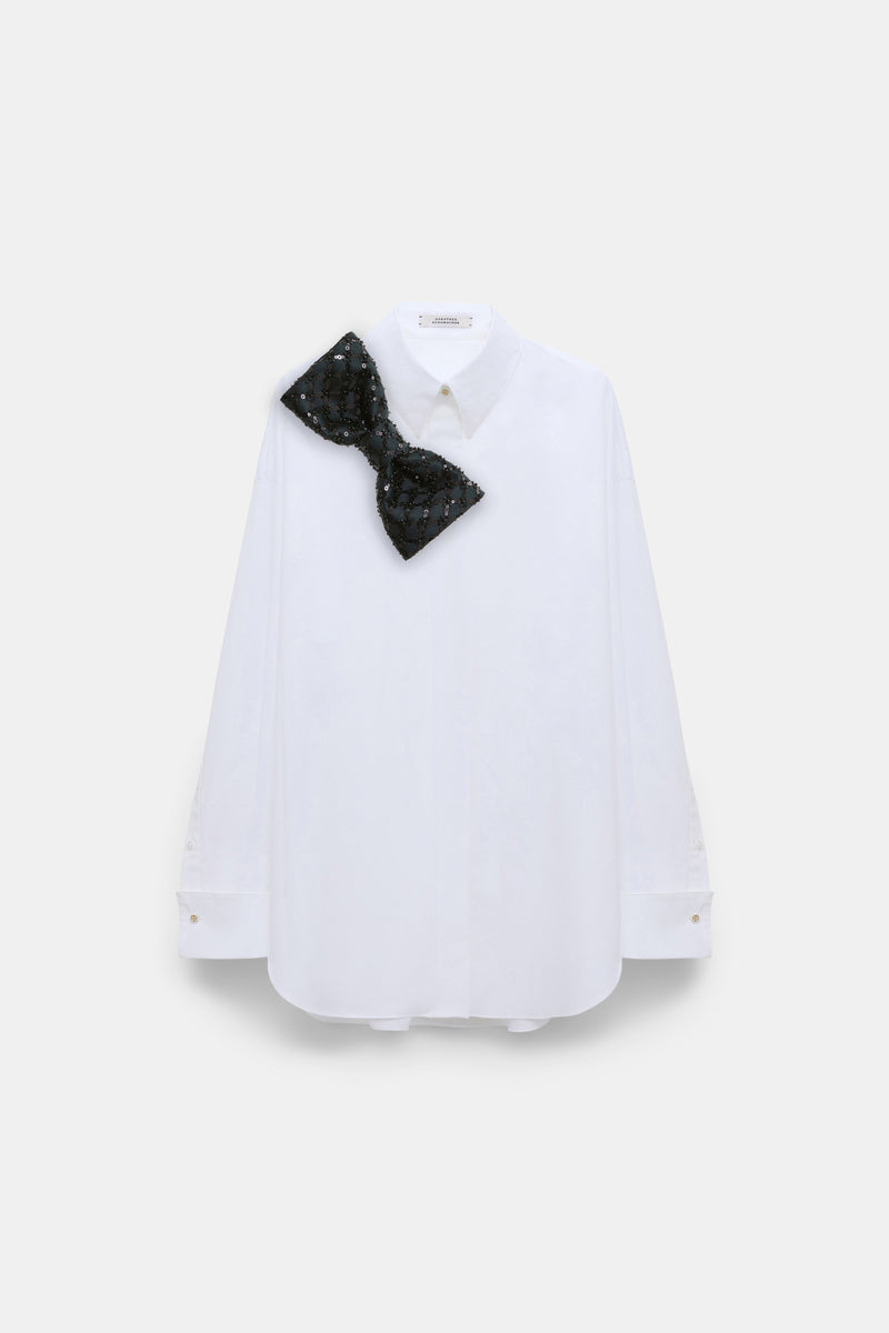 Dorothee Schumacher Crisp Cotton Poplin White Button-Up Blouse with Bow Brooch in Black
