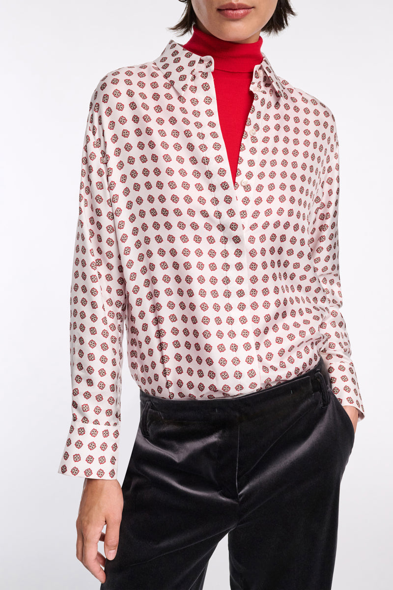 Dorothee Schumacher Silk Button-Up Blouse in Ornamental Motif in White and Red