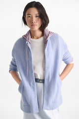 Dorothee Schumacher Merino-Cashmere Knit Bomber Jacket in Light Blue Vancouver. Shop Online or in Store.