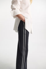 Dorothee Schumacher Wide Leg Track Pants with Knit Side Stripes in Navy Vancouver. Shop Online or in Store.