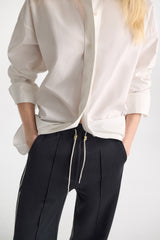 Dorothee Schumacher Wide Leg Track Pants with Knit Side Stripes in Navy Vancouver. Shop Online or in Store.