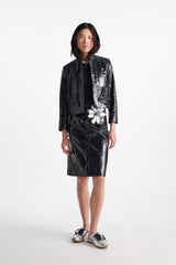 Dorothee Schumacher Cropped Shiny Patent Leather Jacket in Dark Navy Vancouver. Shop Online or in Store.