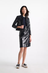 Dorothee Schumacher Cropped Shiny Patent Leather Jacket in Dark Navy Vancouver. Shop Online or in Store.