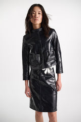 Dorothee Schumacher Cropped Shiny Patent Leather Jacket in Dark Navy Vancouver. Shop Online or in Store.