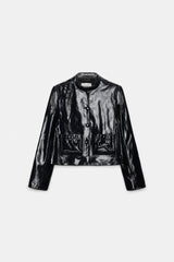 Dorothee Schumacher Cropped Shiny Patent Leather Jacket in Dark Navy Vancouver. Shop Online or in Store.