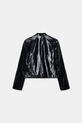 Dorothee Schumacher Cropped Shiny Patent Leather Jacket in Dark Navy Vancouver. Shop Online or in Store.