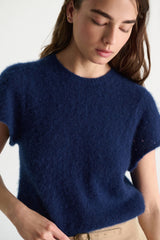 Dorothee Schumacher Short Sleeve Cashmere T-shirt with Pointelle Sleeves in Ocean Blue