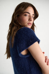 Dorothee Schumacher Short Sleeve Cashmere T-shirt with Pointelle Sleeves in Ocean Blue