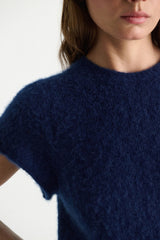 Dorothee Schumacher Short Sleeve Cashmere T-shirt with Pointelle Sleeves in Ocean Blue