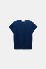 Dorothee Schumacher Short Sleeve Cashmere T-shirt with Pointelle Sleeves in Ocean Blue