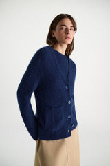 Dorothee Schumacher V-neck Cashmere Cardigan with Pointelle Open-Work Details in Ocean Blue