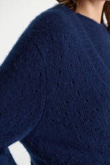 Dorothee Schumacher V-neck Cashmere Cardigan with Pointelle Open-Work Details in Ocean Blue