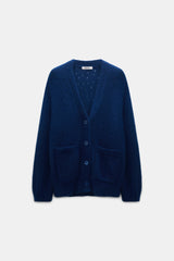 Dorothee Schumacher V-neck Cashmere Cardigan with Pointelle Open-Work Details in Ocean Blue