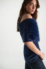 Dorothee Schumacher Merino-Cashmere Shrug with Feathers in Navy