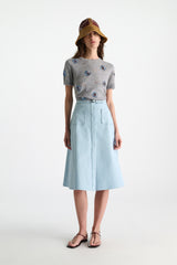 Dorothee Schumacher Knit Merino-cashmere Short Sleeve Top with Floral Embroidery in Grey