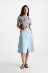 Dorothee Schumacher Knit Merino-cashmere Short Sleeve Top with Floral Embroidery in Grey