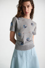 Dorothee Schumacher Knit Merino-cashmere Short Sleeve Top with Floral Embroidery in Grey