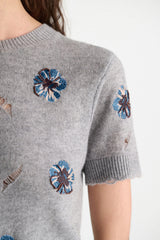 Dorothee Schumacher Knit Merino-cashmere Short Sleeve Top with Floral Embroidery in Grey