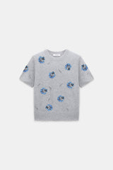 Dorothee Schumacher Knit Merino-cashmere Short Sleeve Top with Floral Embroidery in Grey