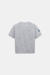 Dorothee Schumacher Knit Merino-cashmere Short Sleeve Top with Floral Embroidery in Grey