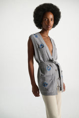 Dorothee Schumacher Knit Merino-cashmere Tie Front Vest with Floral Embroidery in Grey