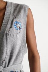 Dorothee Schumacher Knit Merino-cashmere Tie Front Vest with Floral Embroidery in Grey