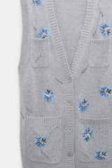 Dorothee Schumacher Knit Merino-cashmere Tie Front Vest with Floral Embroidery in Grey