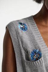 Dorothee Schumacher Knit Merino-cashmere Tie Front Vest with Floral Embroidery in Grey
