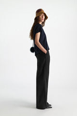 Dorothee Schumacher Stretch Cotton T-shirt with Back Pompom Detail in Navy