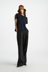 Dorothee Schumacher Stretch Cotton T-shirt with Back Pompom Detail in Navy