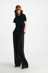 Dorothee Schumacher Stretch Cotton T-shirt with Back Pompom Detail in Navy