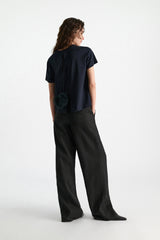 Dorothee Schumacher Stretch Cotton T-shirt with Back Pompom Detail in Navy