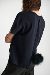 Dorothee Schumacher Stretch Cotton T-shirt with Back Pompom Detail in Navy