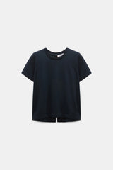 Dorothee Schumacher Stretch Cotton T-shirt with Back Pompom Detail in Navy