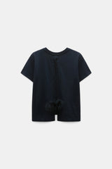Dorothee Schumacher Stretch Cotton T-shirt with Back Pompom Detail in Navy