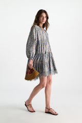 Dorothee Schumacher Cotton Poplin Balloon Sleeve Tiered Mini Floral Dress in Blue
