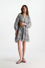 Dorothee Schumacher Cotton Poplin Balloon Sleeve Tiered Mini Floral Dress in Blue