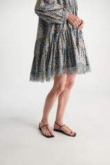 Dorothee Schumacher Cotton Poplin Balloon Sleeve Tiered Mini Floral Dress in Blue