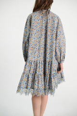 Dorothee Schumacher Cotton Poplin Balloon Sleeve Tiered Mini Floral Dress in Blue