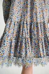 Dorothee Schumacher Cotton Poplin Balloon Sleeve Tiered Mini Floral Dress in Blue