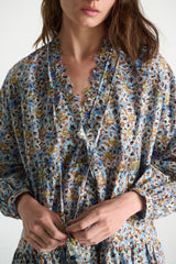 Dorothee Schumacher Cotton Poplin Balloon Sleeve Tiered Mini Floral Dress in Blue