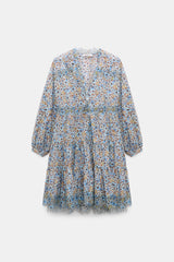 Dorothee Schumacher Cotton Poplin Balloon Sleeve Tiered Mini Floral Dress in Blue