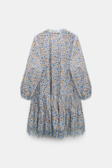 Dorothee Schumacher Cotton Poplin Balloon Sleeve Tiered Mini Floral Dress in Blue